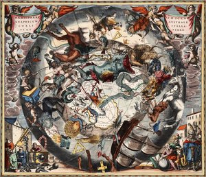 Southern Hemisphere Constellations Scenographically over the Terrestrial Globe by Andreas Cellarius